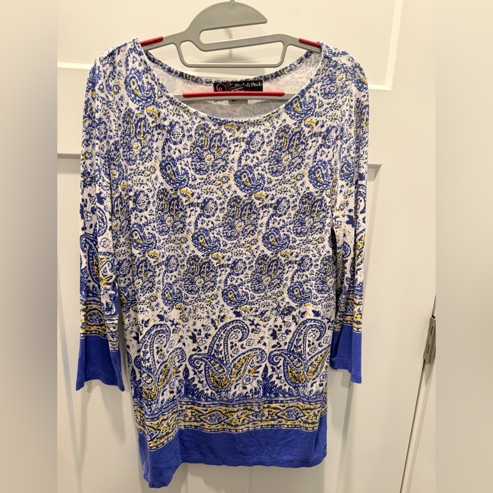 Peck & Peck Women’s Medium Blue Paisley Long Sleeve Tunic Top